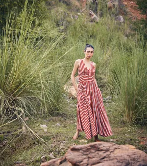 Khara Kapas Chasing Guidelines Dress 100% Cotton  Red and Sand KW696