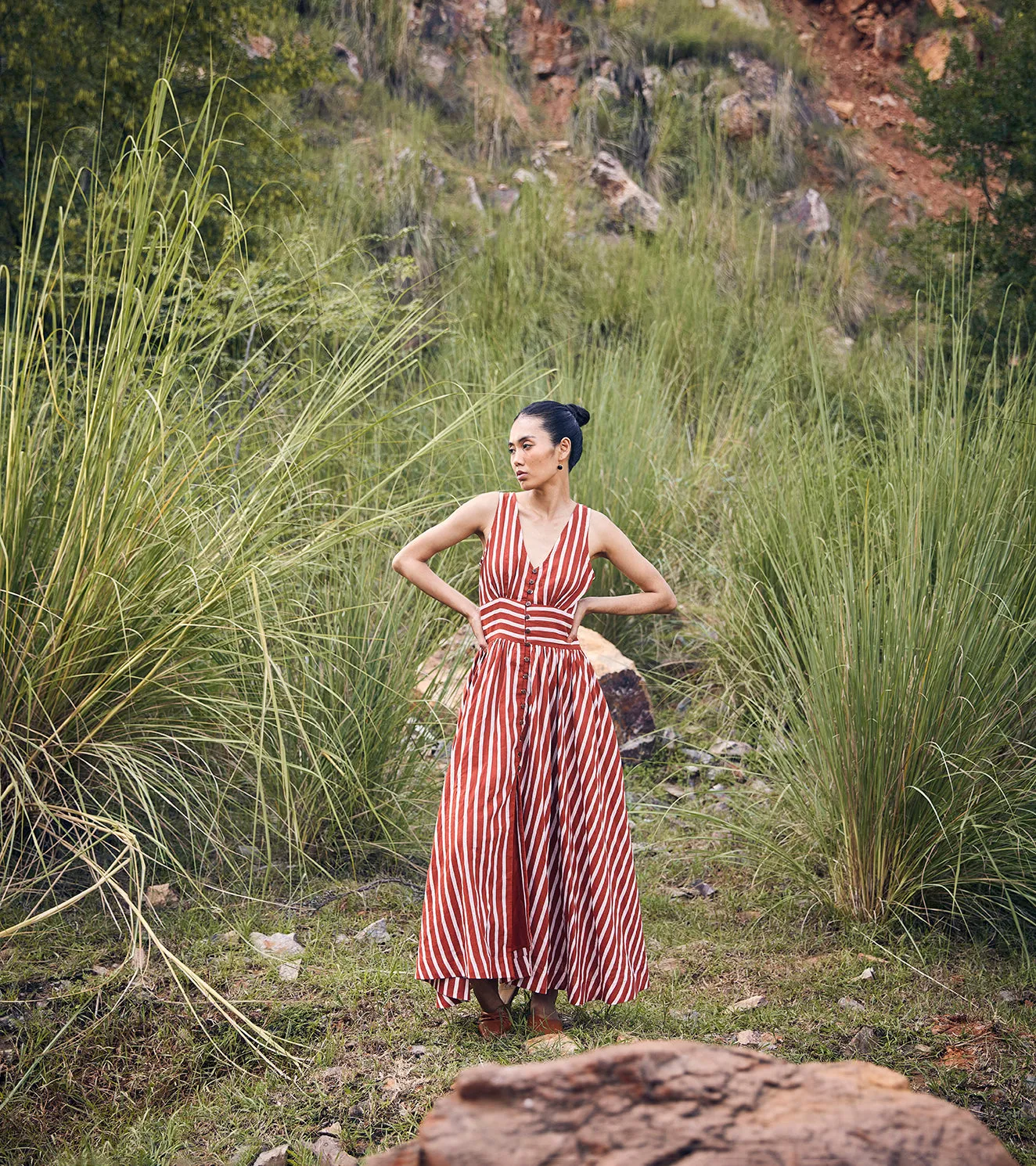 Khara Kapas Chasing Guidelines Dress 100% Cotton  Red and Sand KW696