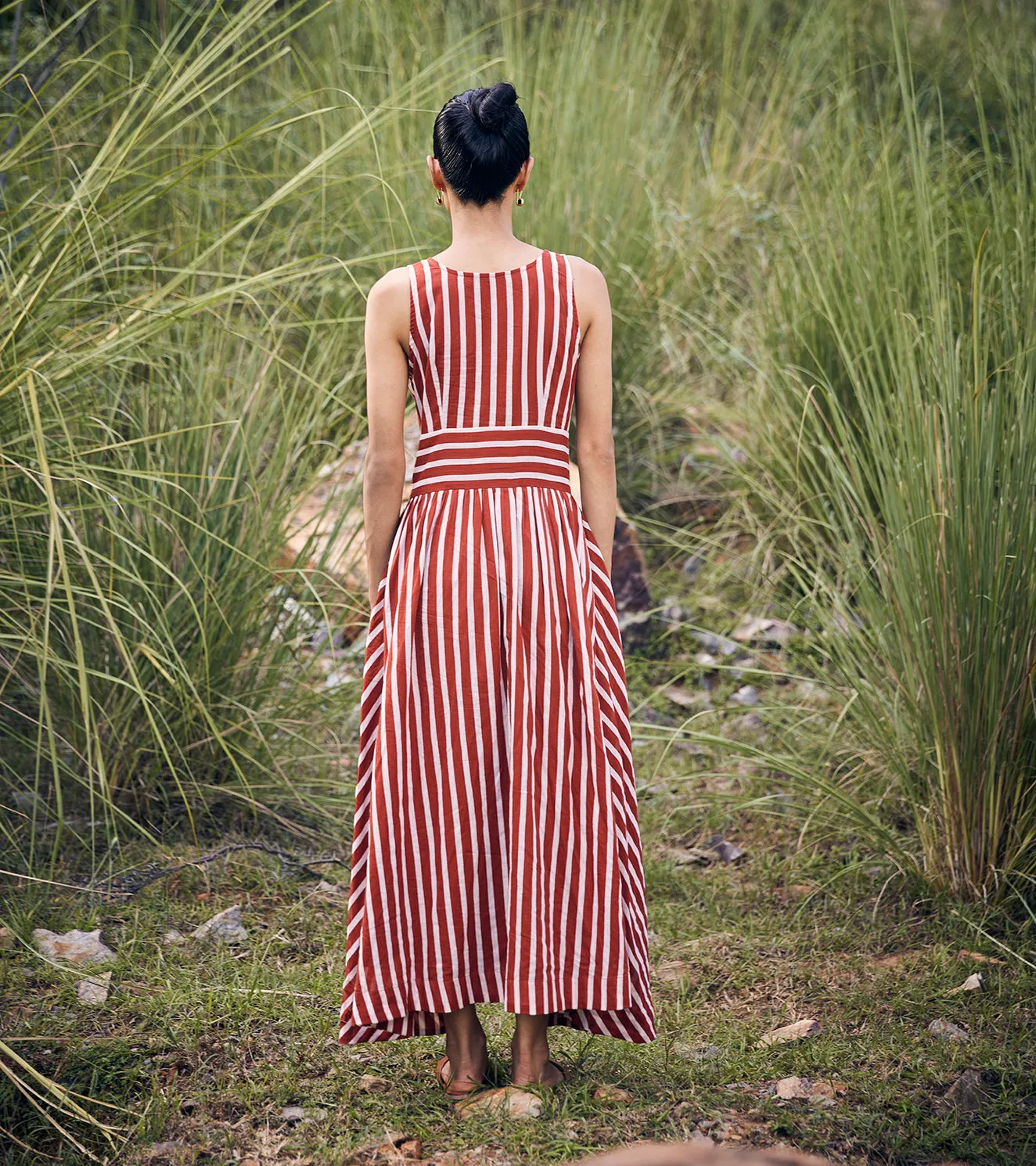 Khara Kapas Chasing Guidelines Dress 100% Cotton  Red and Sand KW696