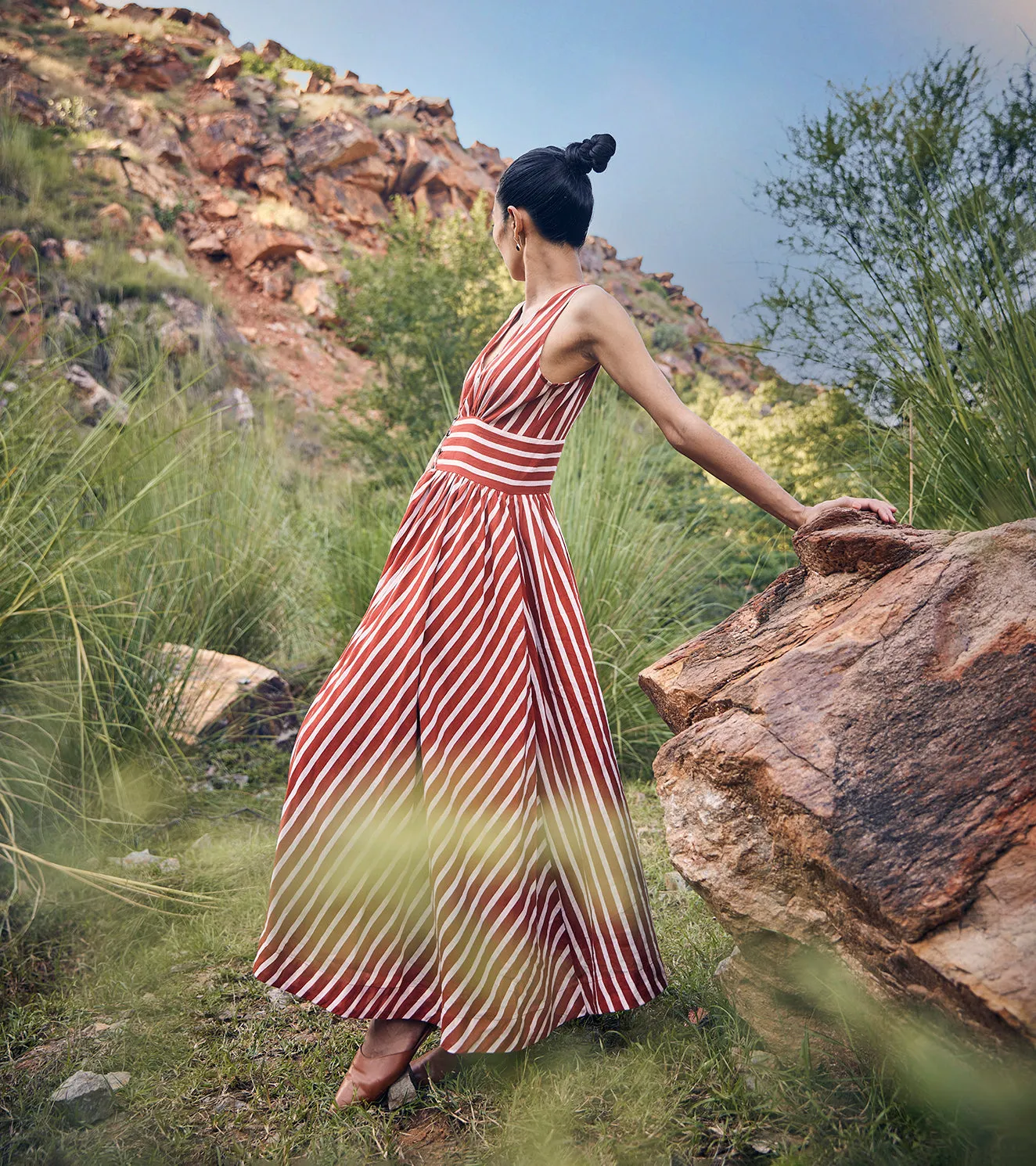Khara Kapas Chasing Guidelines Dress 100% Cotton  Red and Sand KW696