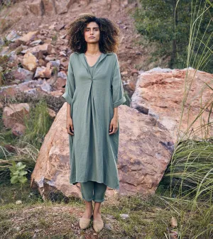 Khara Kapas Dear Diary Co-ord Set Double Weave Cotton  Green KW679