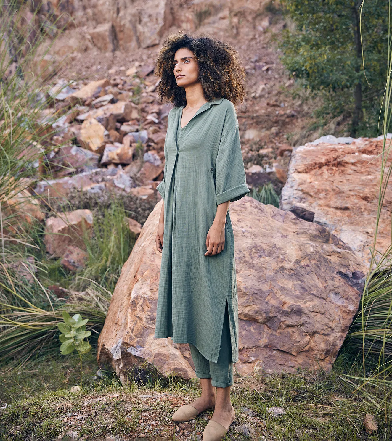 Khara Kapas Dear Diary Co-ord Set Double Weave Cotton  Green KW679