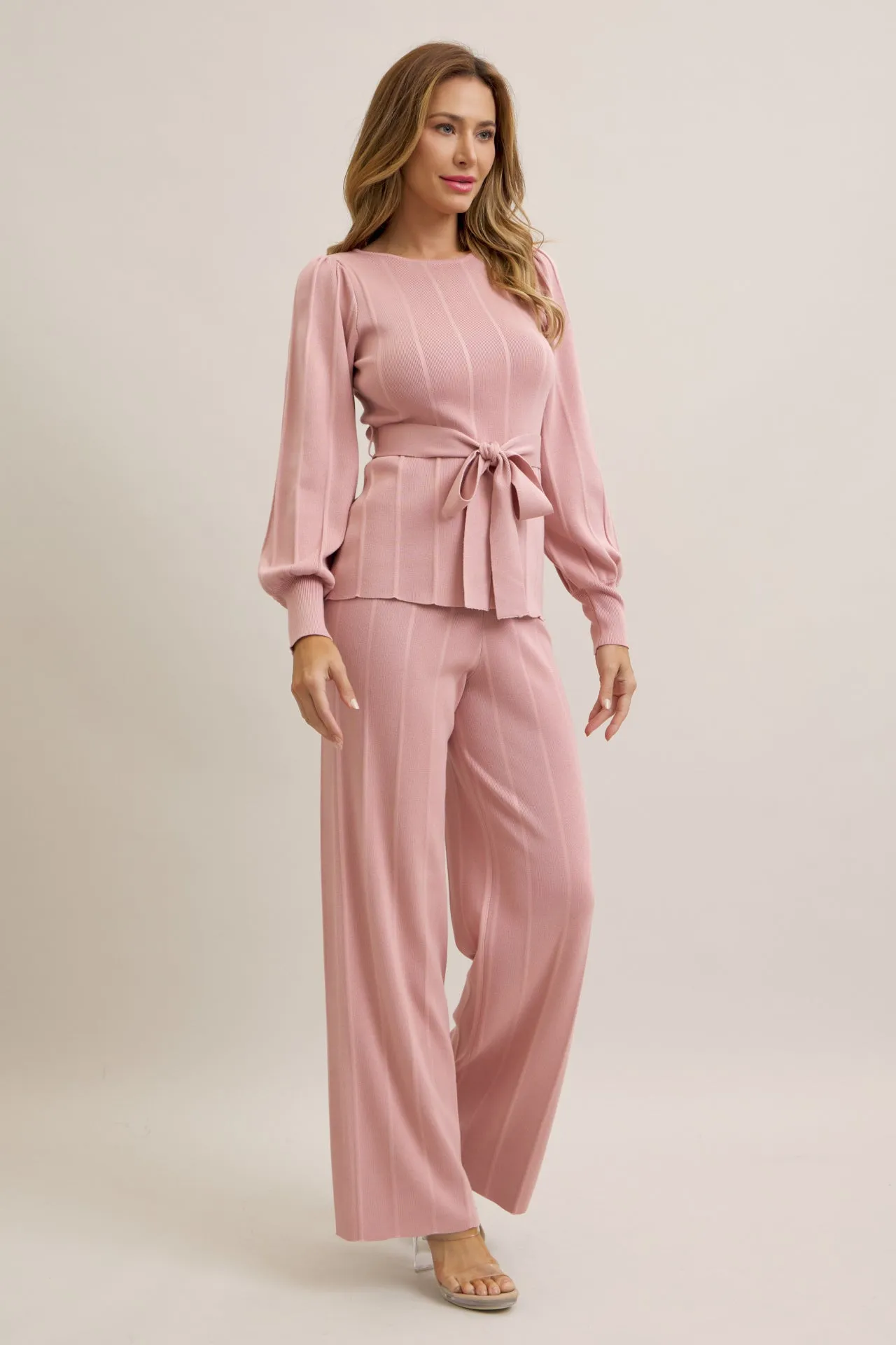 Knit Long Sleeve Top with Waist Tie and Pants Set