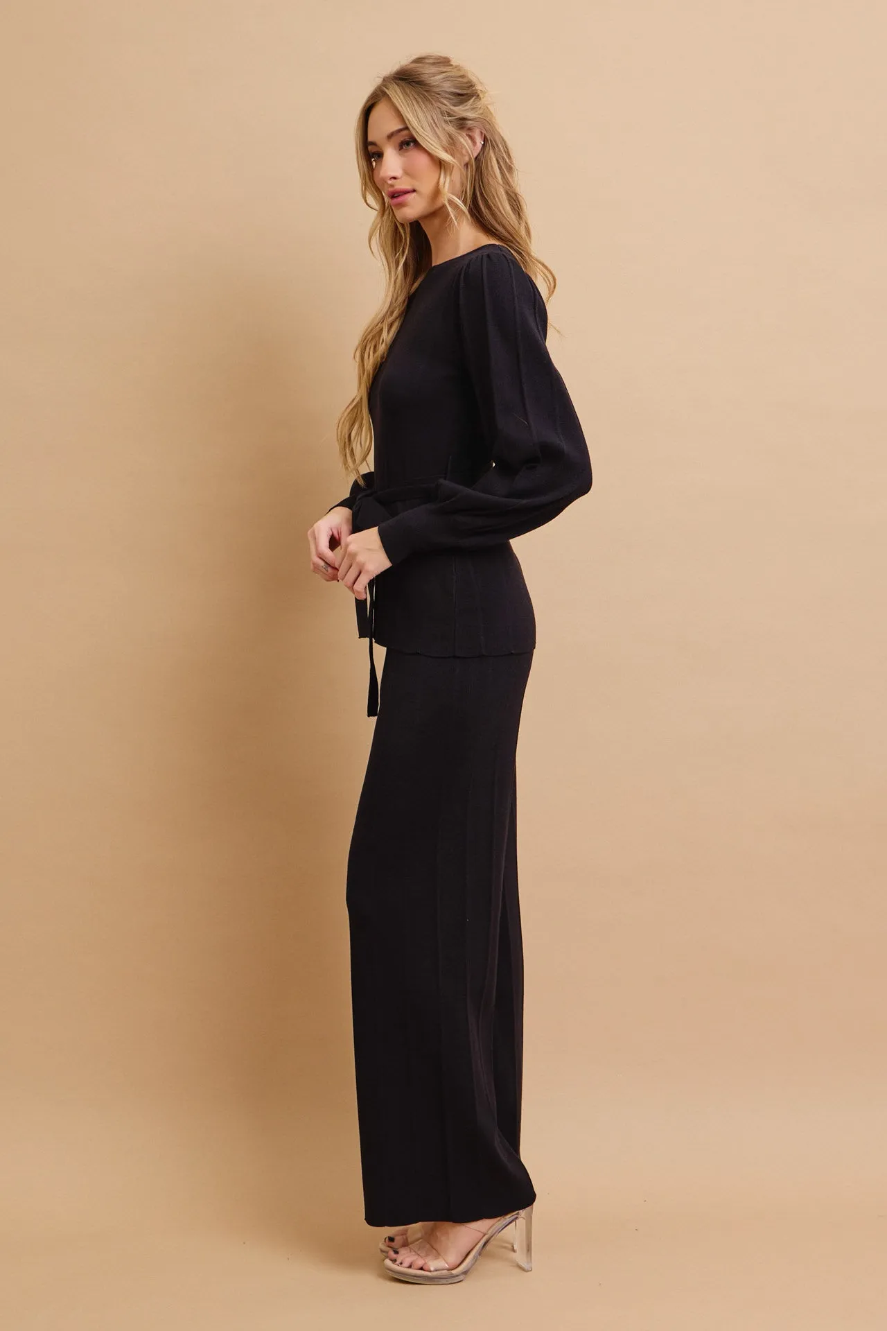 Knit Long Sleeve Top with Waist Tie and Pants Set