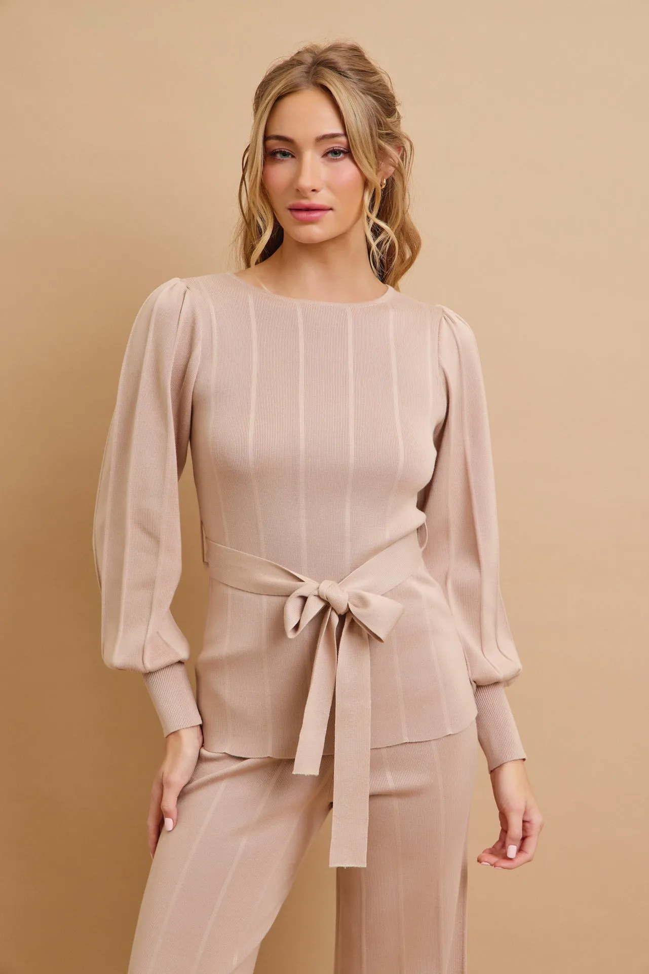 Knit Long Sleeve Top with Waist Tie and Pants Set