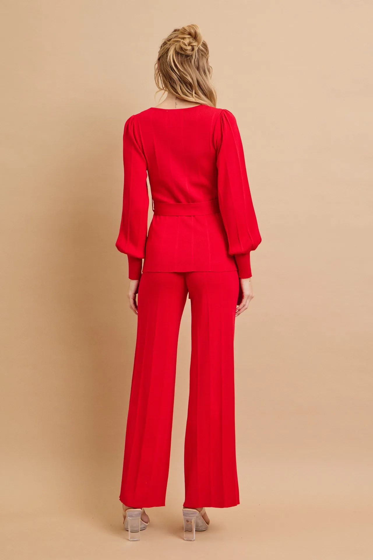 Knit Long Sleeve Top with Waist Tie and Pants Set
