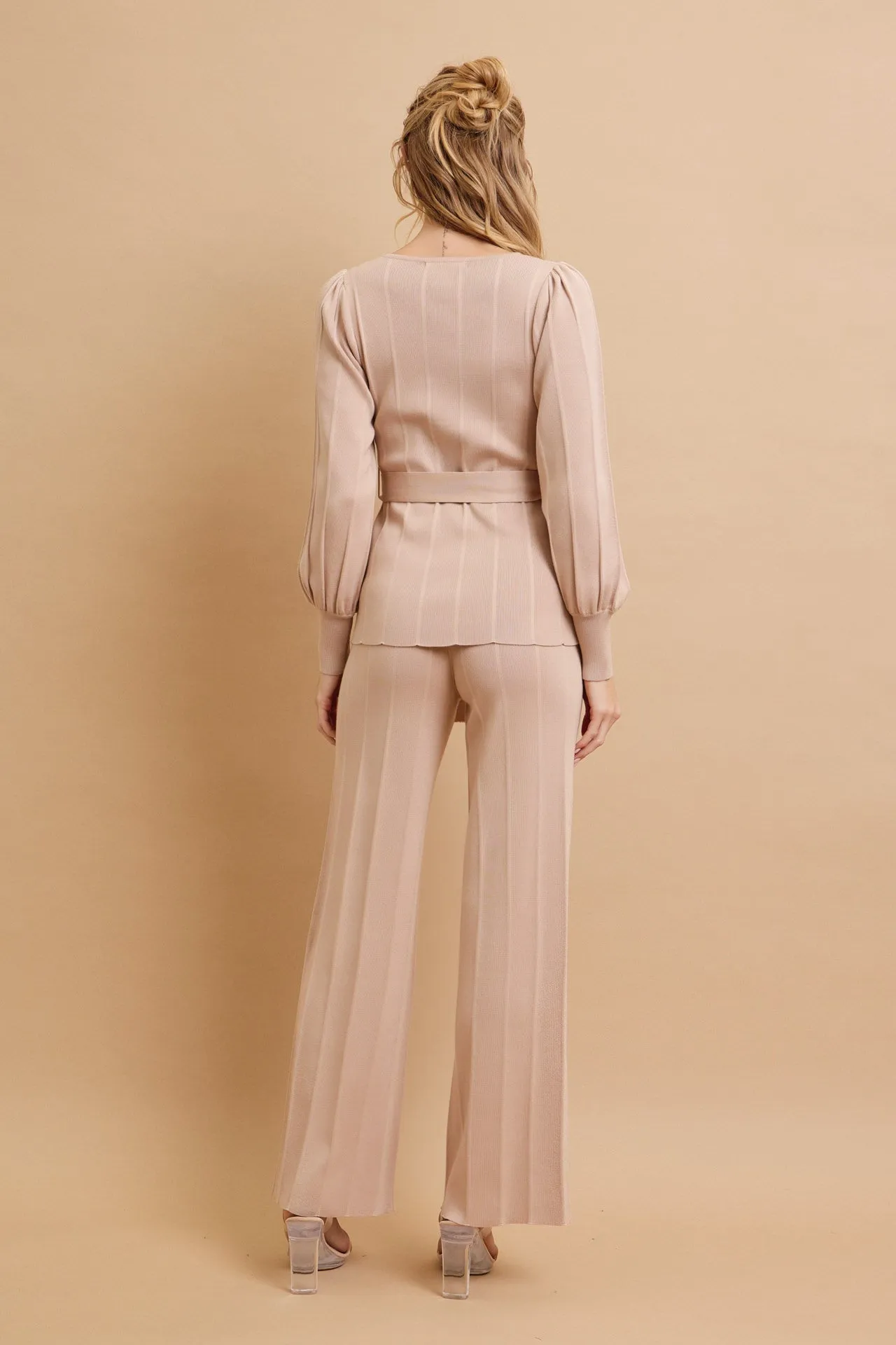 Knit Long Sleeve Top with Waist Tie and Pants Set