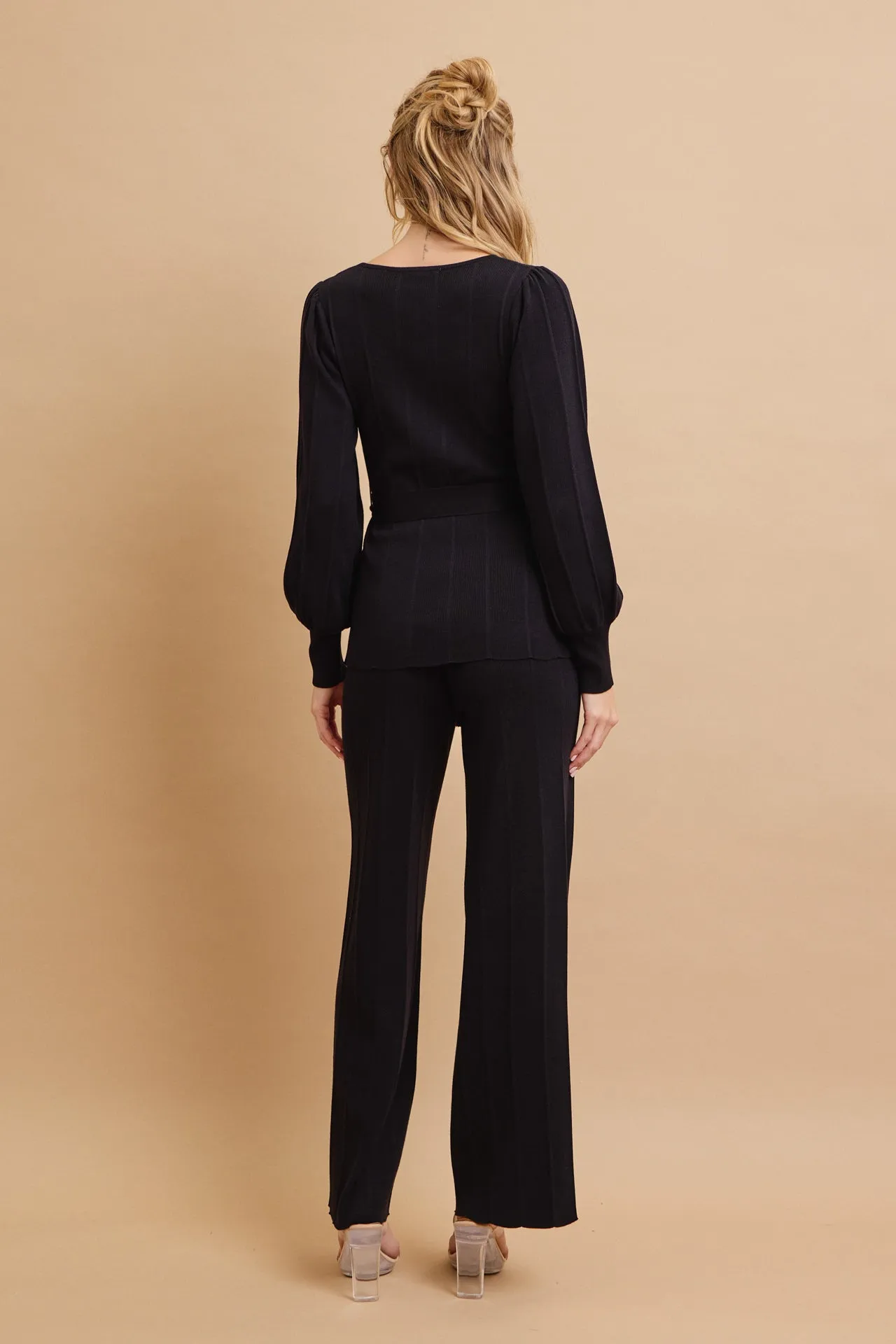 Knit Long Sleeve Top with Waist Tie and Pants Set
