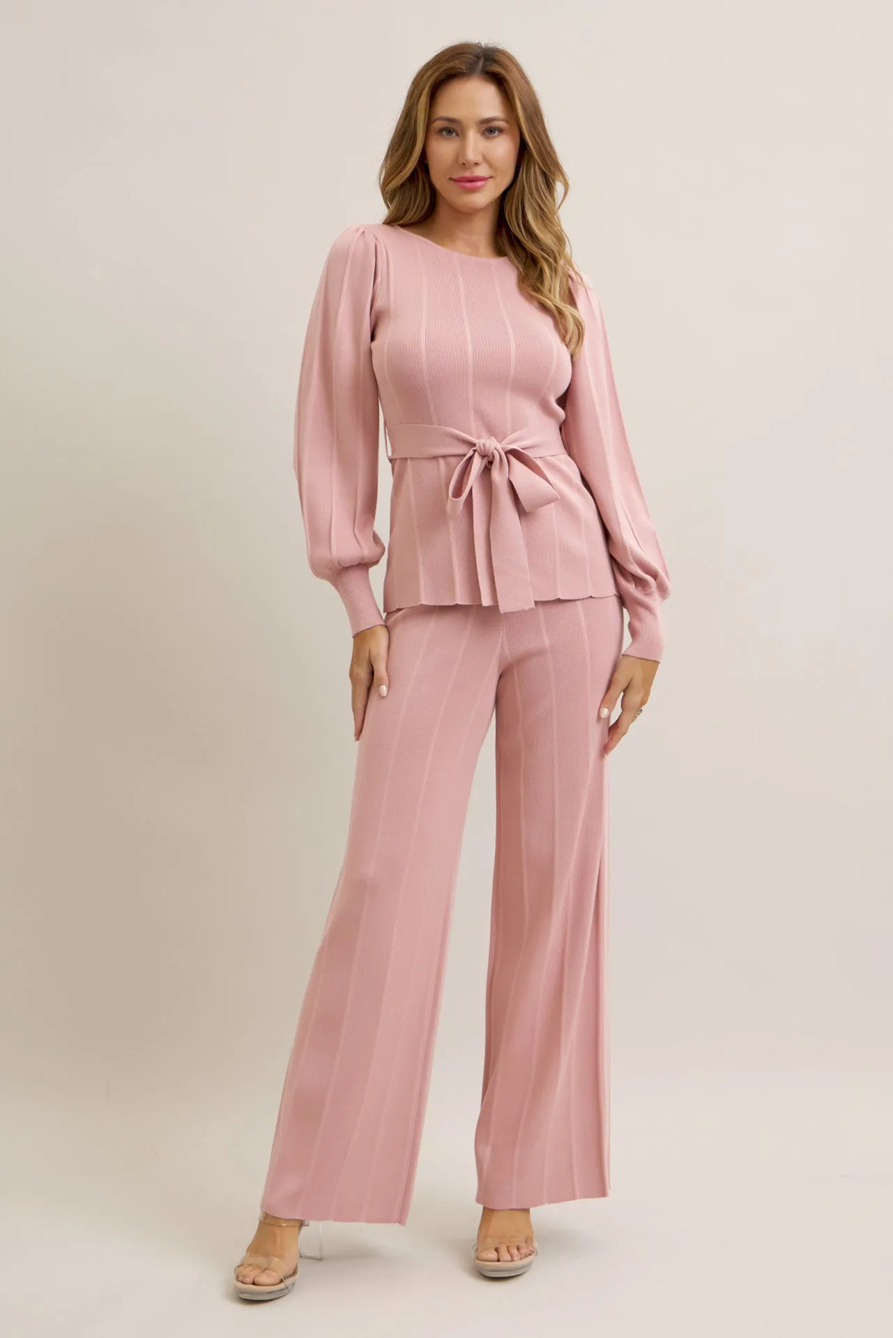 Knit Long Sleeve Top with Waist Tie and Pants Set
