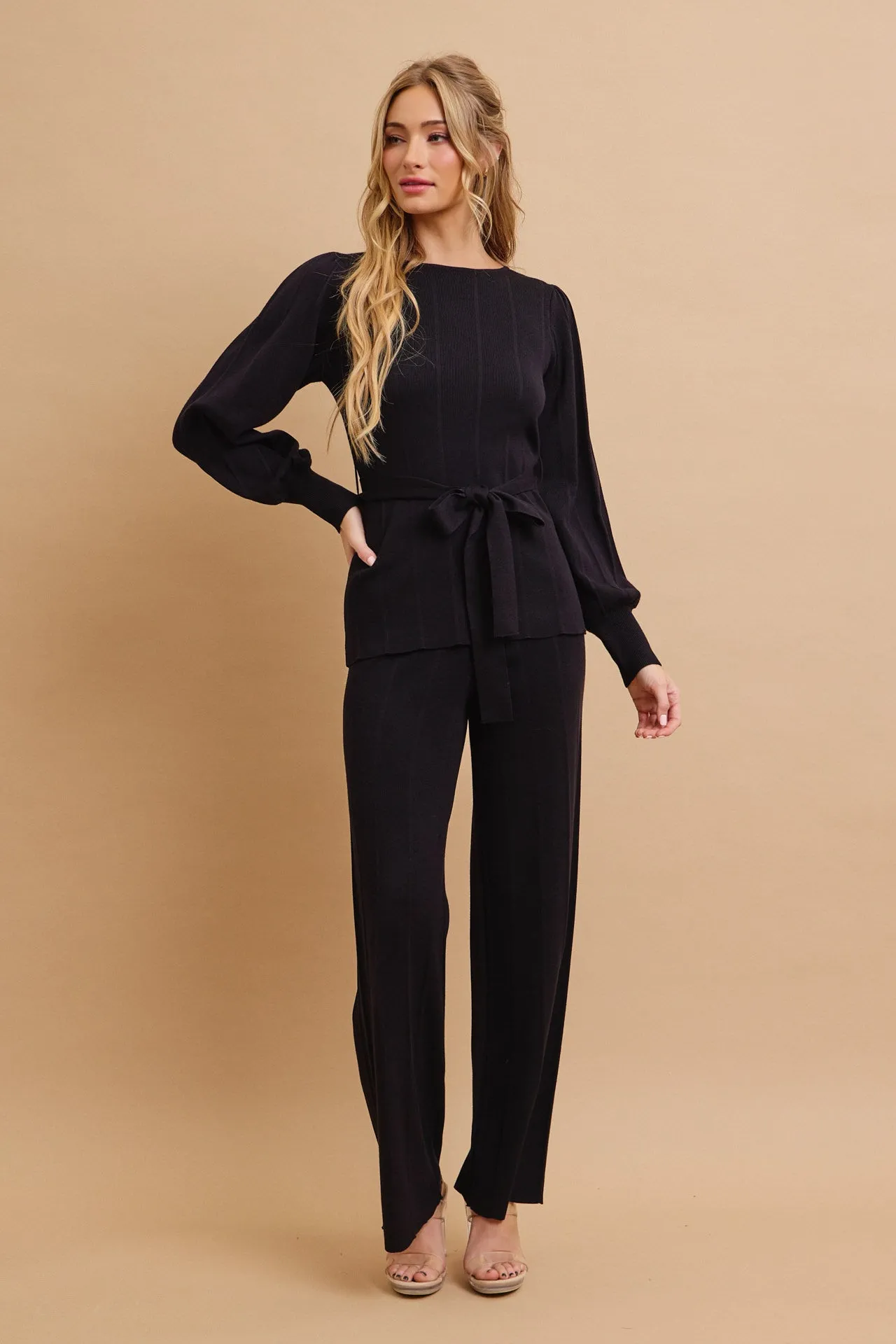 Knit Long Sleeve Top with Waist Tie and Pants Set