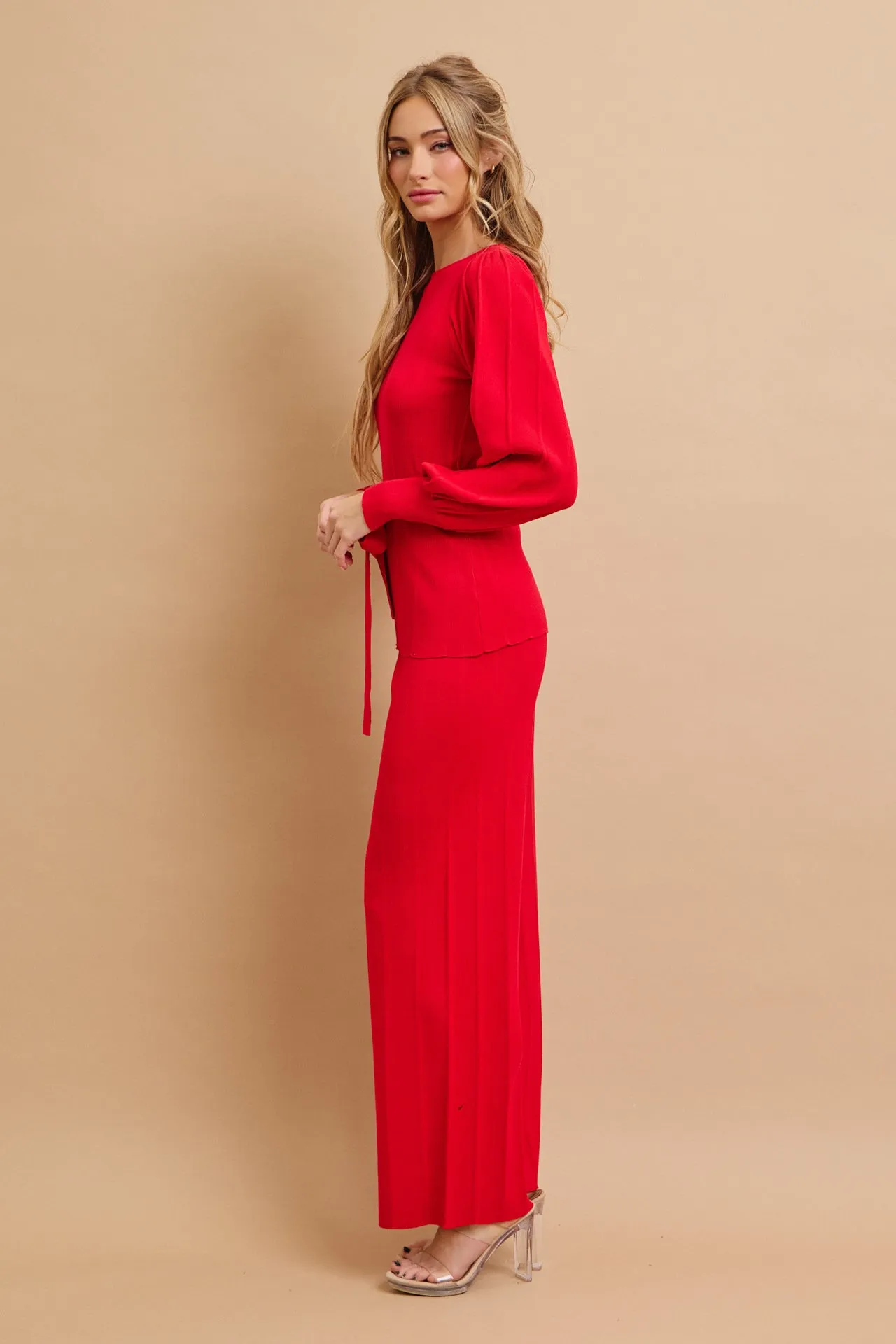 Knit Long Sleeve Top with Waist Tie and Pants Set