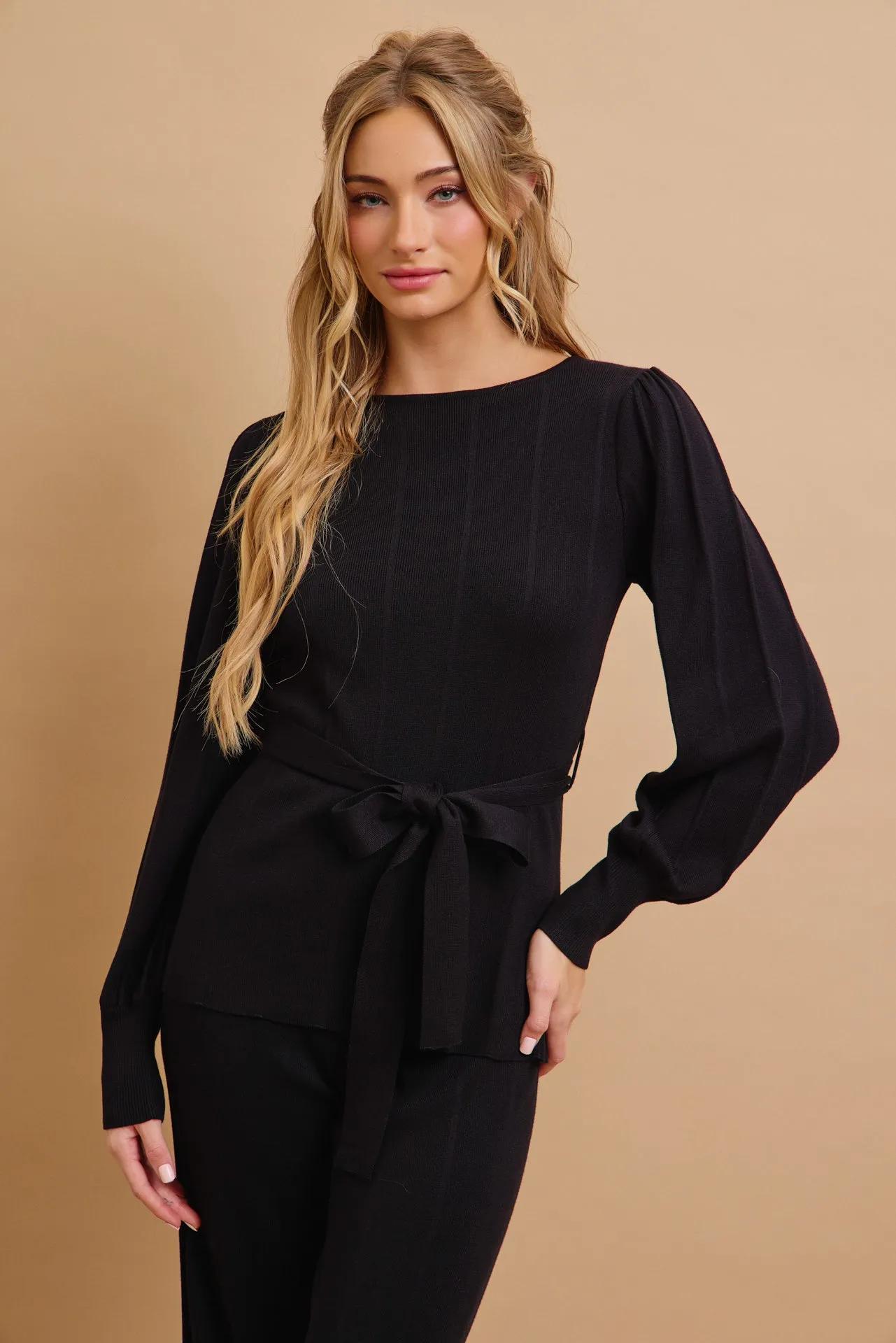 Knit Long Sleeve Top with Waist Tie and Pants Set
