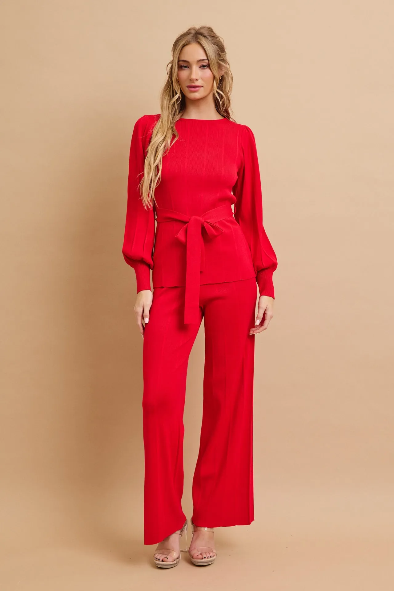 Knit Long Sleeve Top with Waist Tie and Pants Set