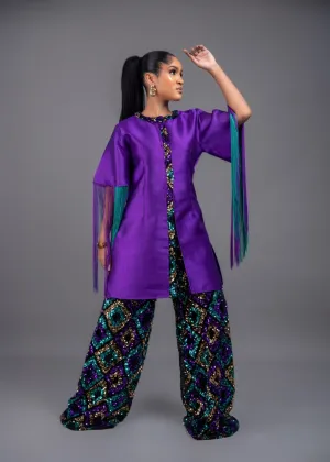 Komasava Purple Fringe sleeve Tunic and Wide Leg multicolored sequin Pant Set
