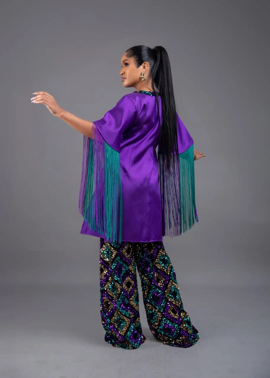Komasava Purple Fringe sleeve Tunic and Wide Leg multicolored sequin Pant Set