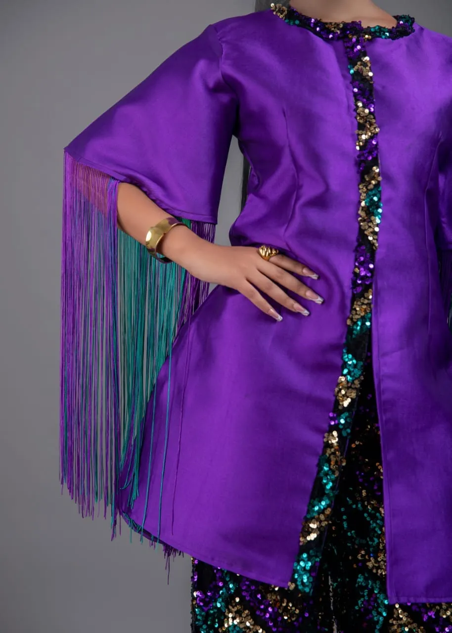 Komasava Purple Fringe sleeve Tunic and Wide Leg multicolored sequin Pant Set
