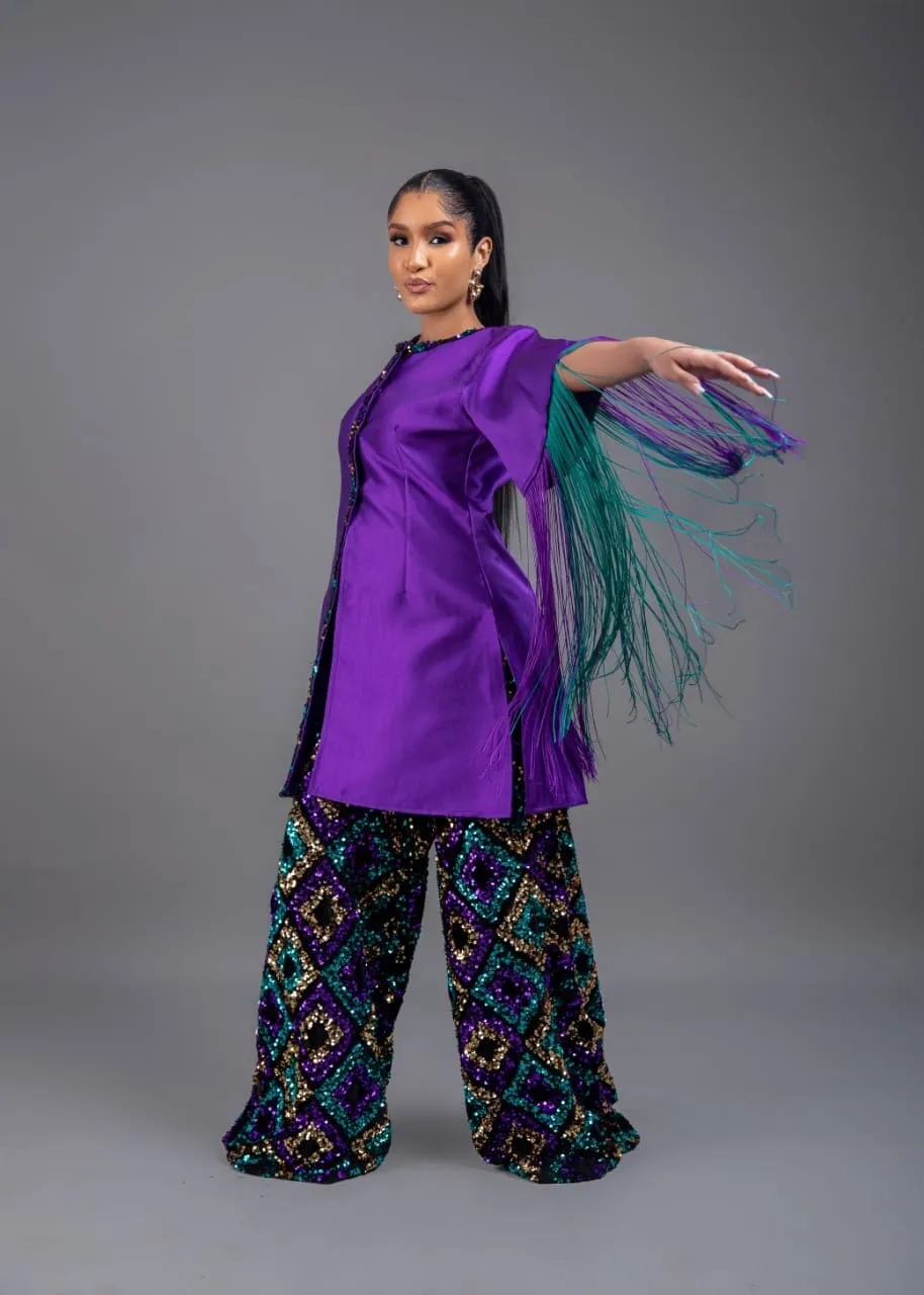 Komasava Purple Fringe sleeve Tunic and Wide Leg multicolored sequin Pant Set
