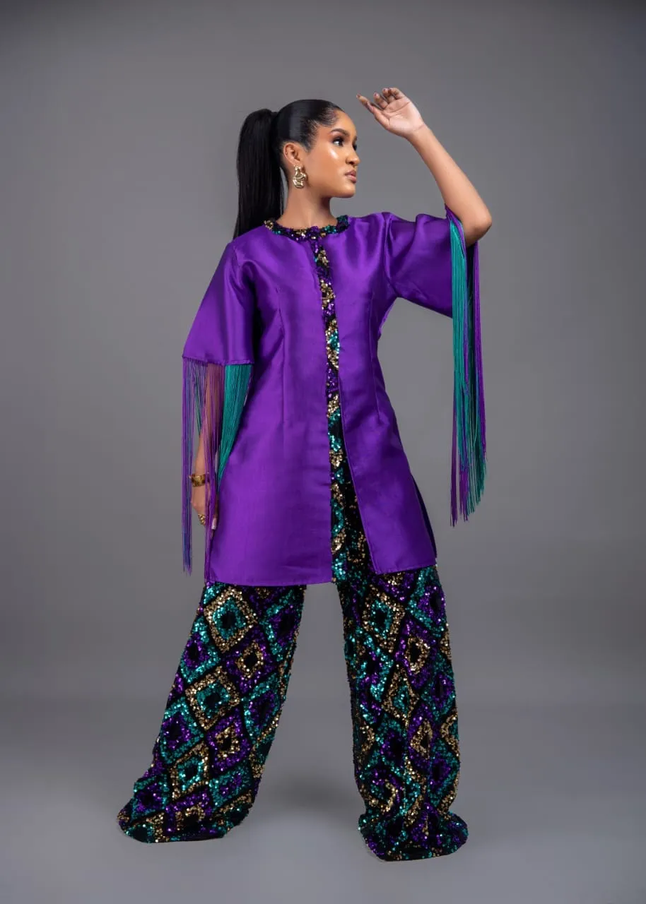 Komasava Purple Fringe sleeve Tunic and Wide Leg multicolored sequin Pant Set