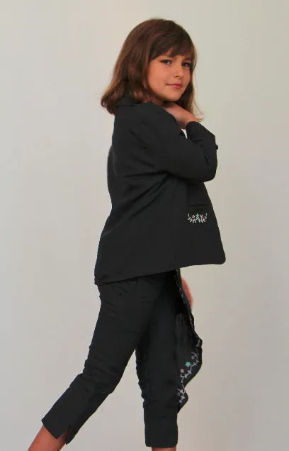 Little Girls Dark Grey "My First" Organic Linen Jacket with Embroidery, covered buttons  and Roll Collar