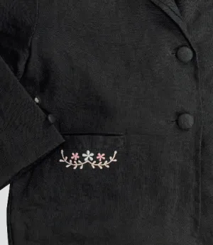 Little Girls Dark Grey "My First" Organic Linen Jacket with Embroidery, covered buttons  and Roll Collar