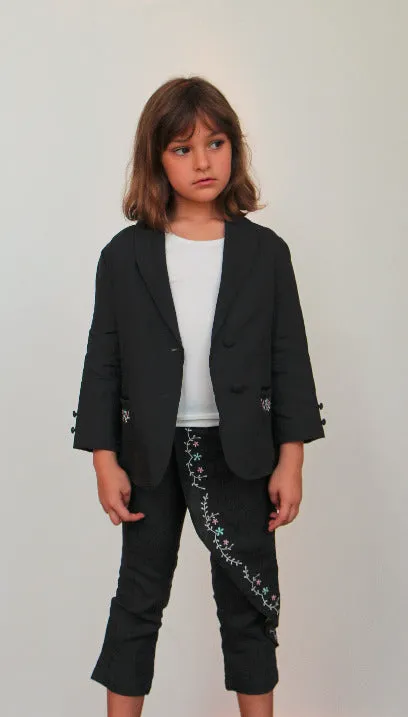 Little Girls Dark Grey "My First" Organic Linen Jacket with Embroidery, covered buttons  and Roll Collar