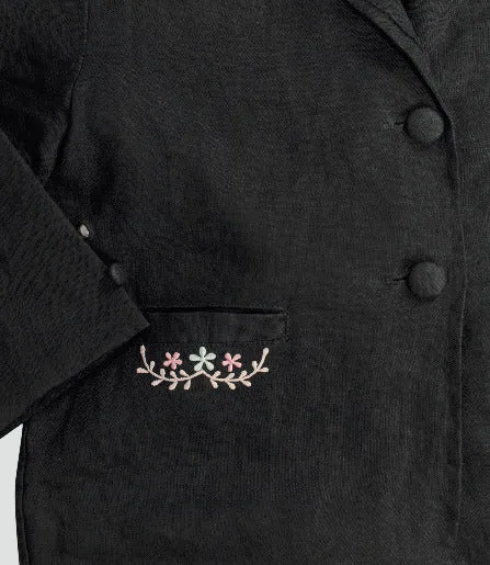 Little Girls Dark Grey "My First" Organic Linen Jacket with Embroidery, covered buttons  and Roll Collar