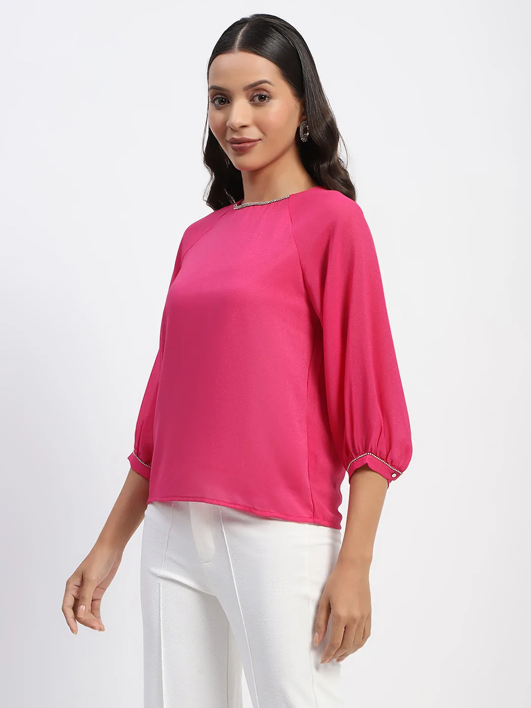 Madame Embellished Puffed Sleeve Hot Pink Top
