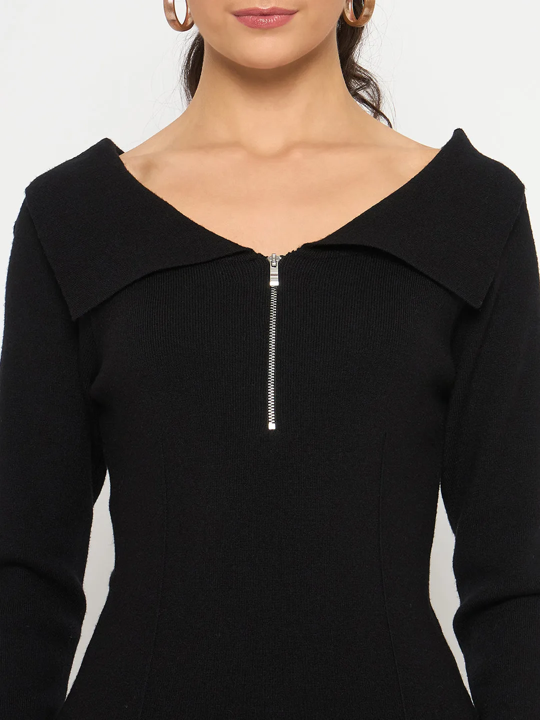Madame Viscose Blend Open Shoulder With Zip Black Top