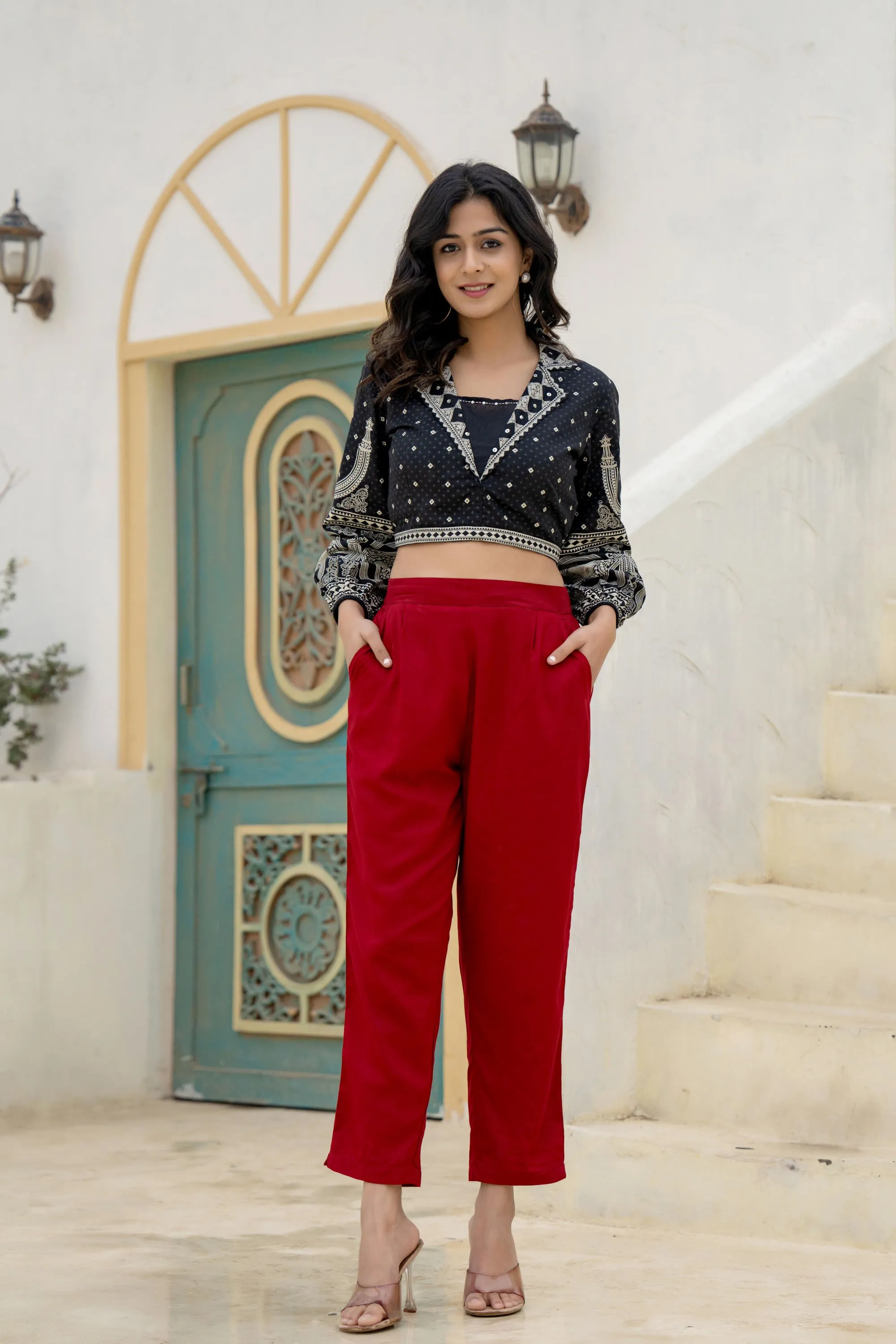 Maroon Solid Viscose Pants
