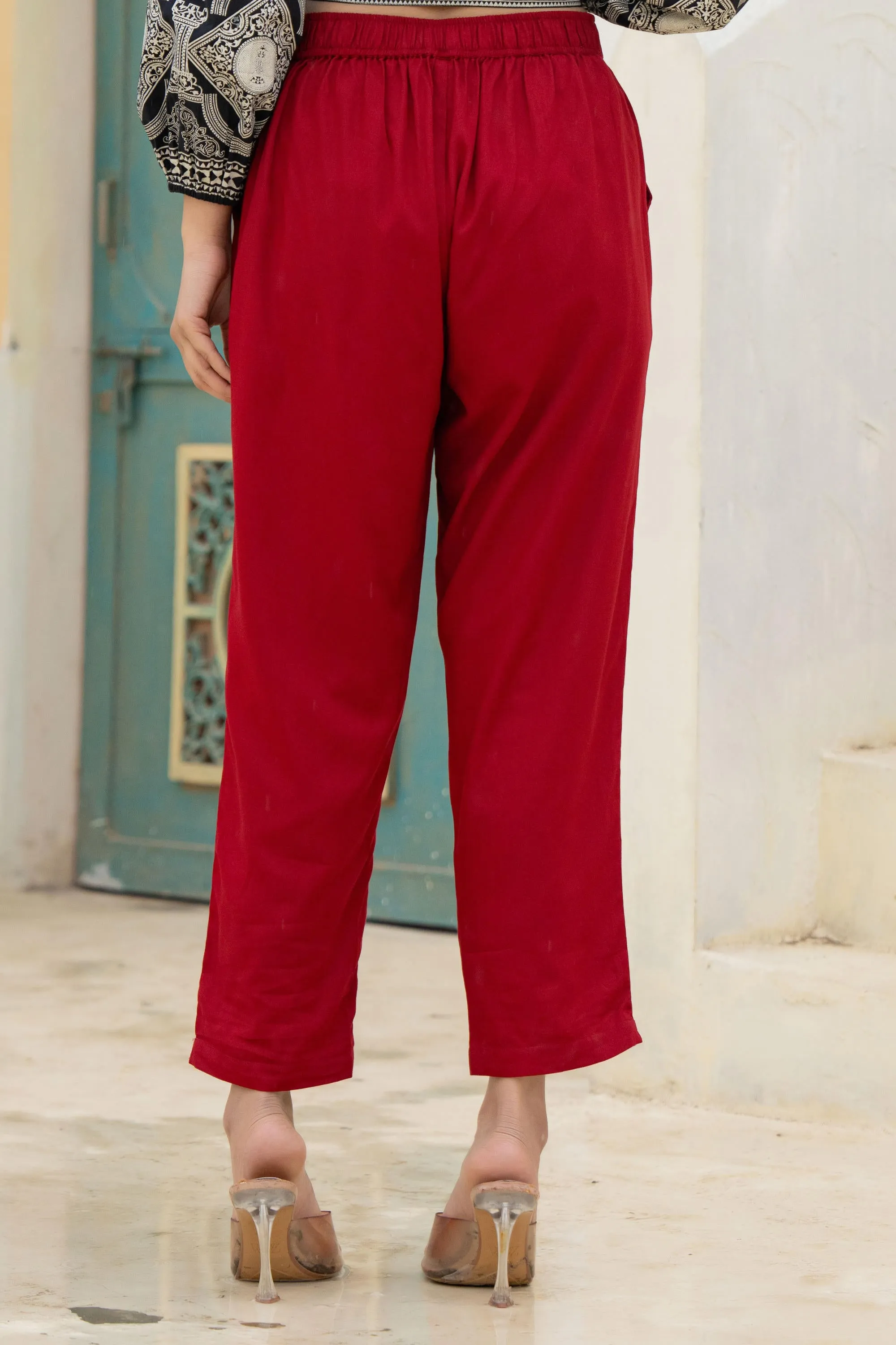 Maroon Solid Viscose Pants