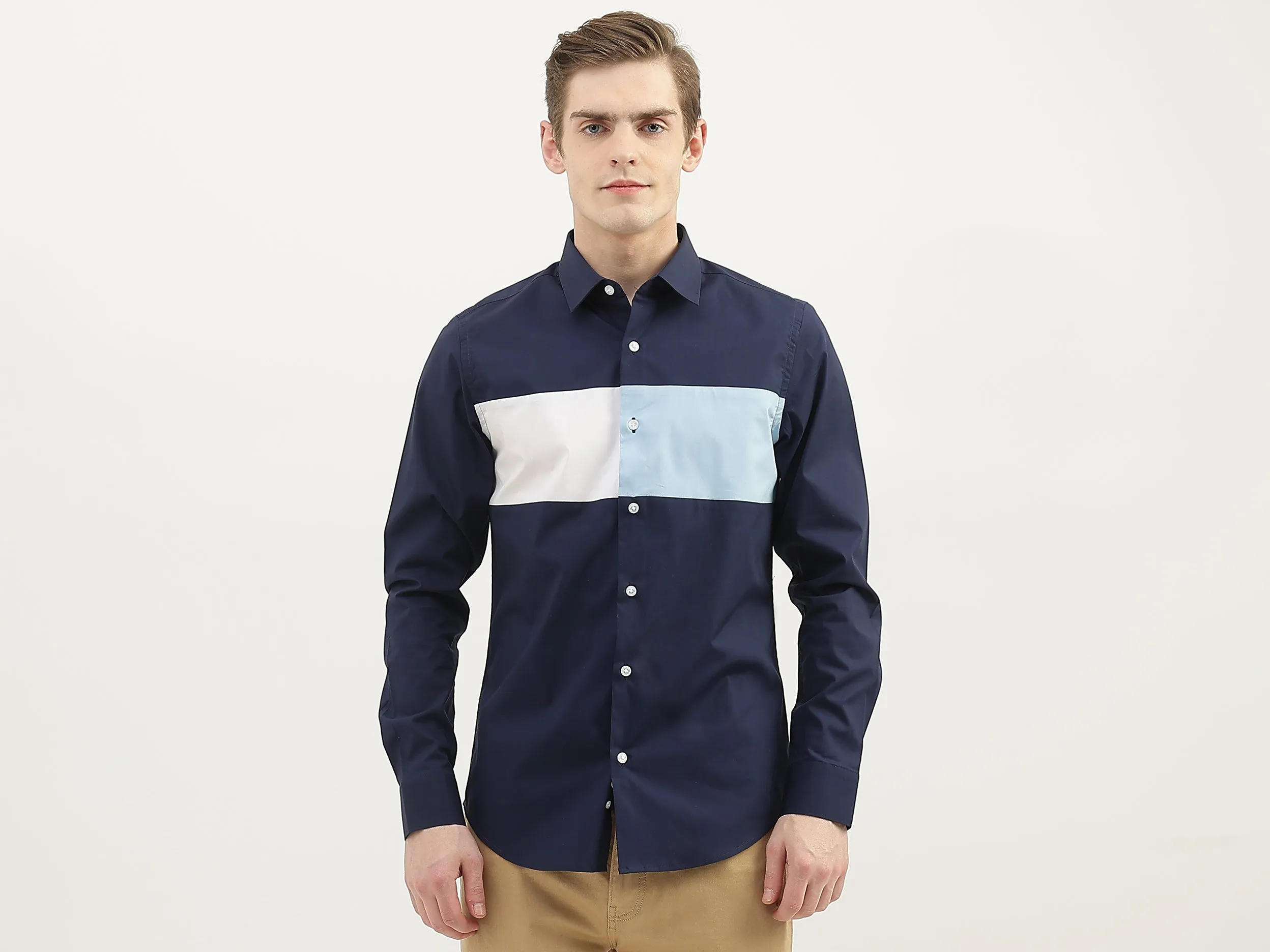 Men Colorblock Spread Collar Shirt