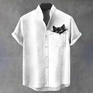 Men's Stand Collar Pocket Black Cat Art Printed Short Sleeve Shirt 2409011325