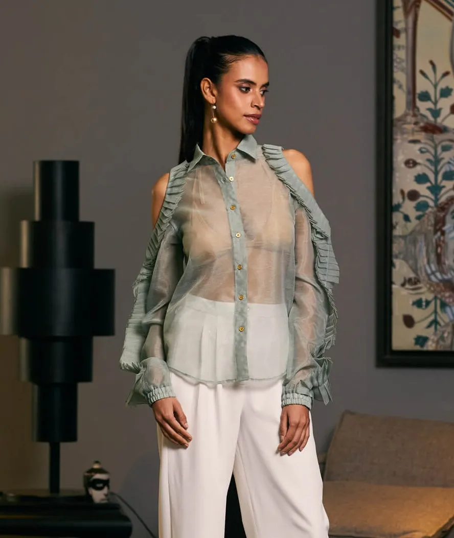 Moss green textured cold shoulder shirt