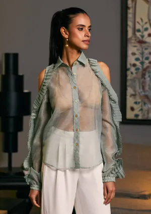 Moss green textured cold shoulder shirt
