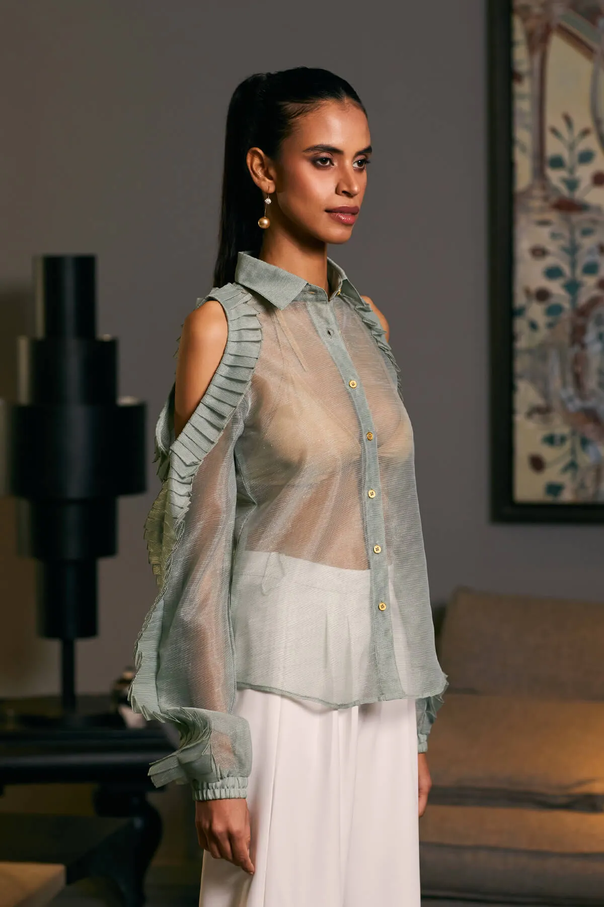 Moss green textured cold shoulder shirt