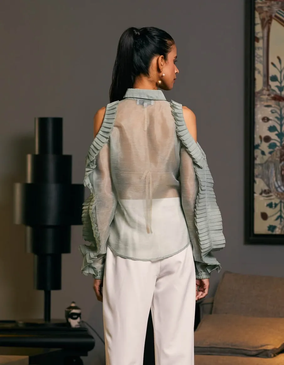 Moss green textured cold shoulder shirt