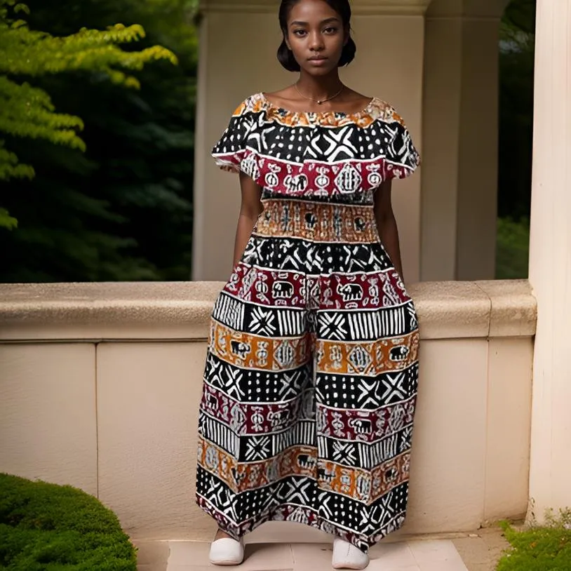 Mud Cloth African Print Frill Jumpsuit
