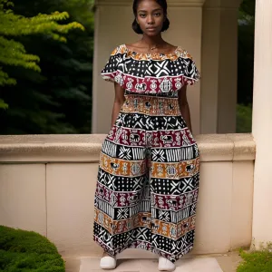 Mud Cloth African Print Frill Jumpsuit