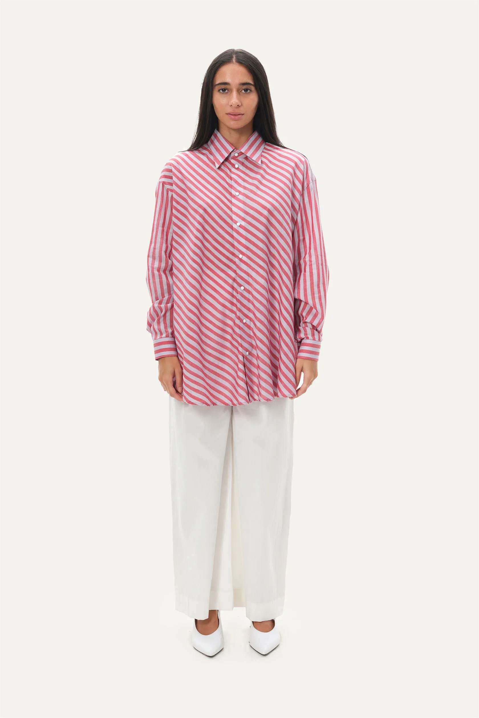 Naushad Ali   I   Boyfriend shirt Temple stripe Signature Spring Summer 2025 Lilac   coral red Handwoven Linen silk NA SS24 W13