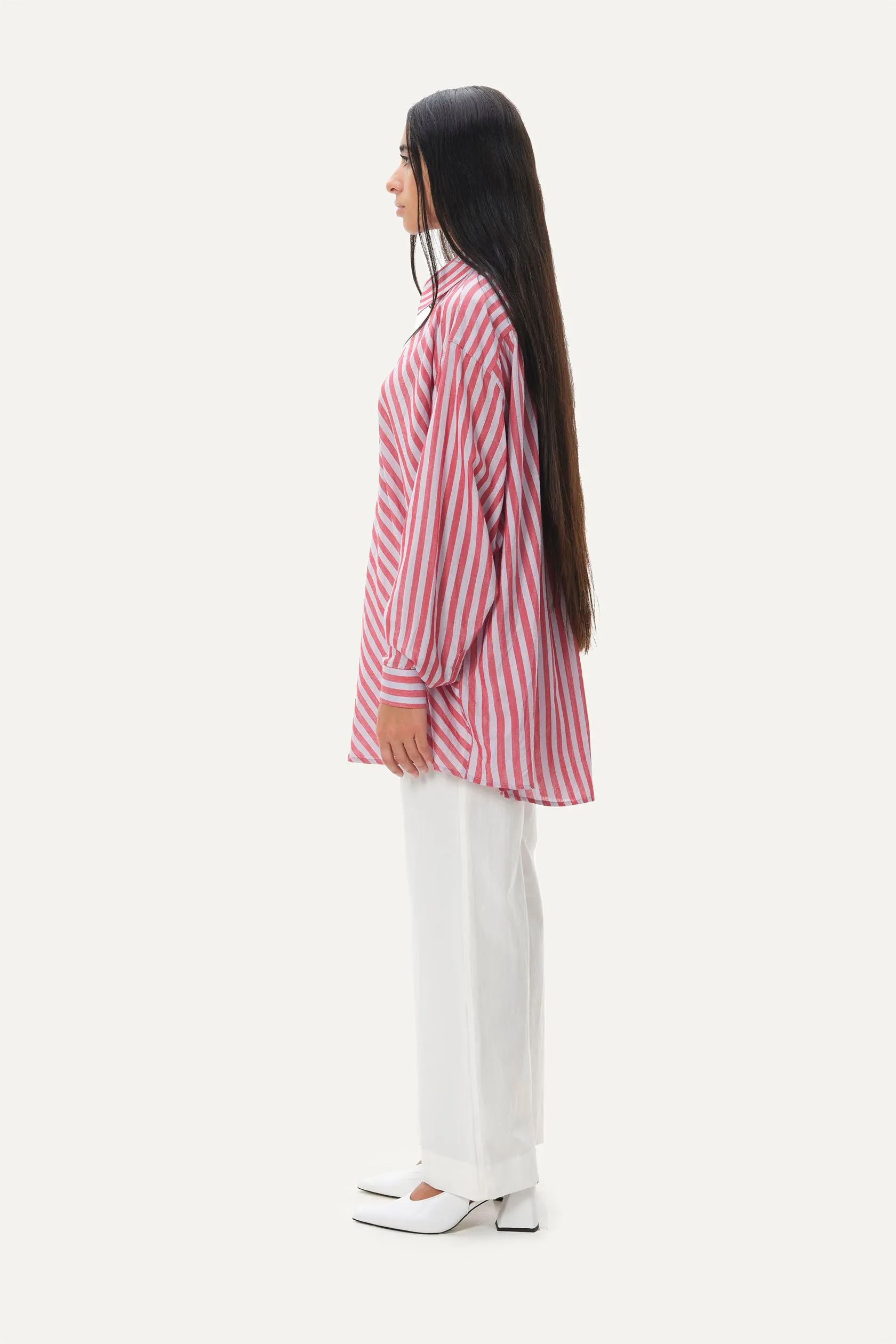 Naushad Ali   I   Boyfriend shirt Temple stripe Signature Spring Summer 2025 Lilac   coral red Handwoven Linen silk NA SS24 W13