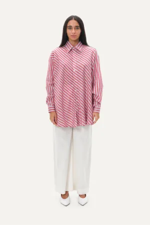Naushad Ali   I   Boyfriend shirt Temple stripe Signature Spring Summer 2025 Lilac   coral red Handwoven Linen silk NA SS24 W13