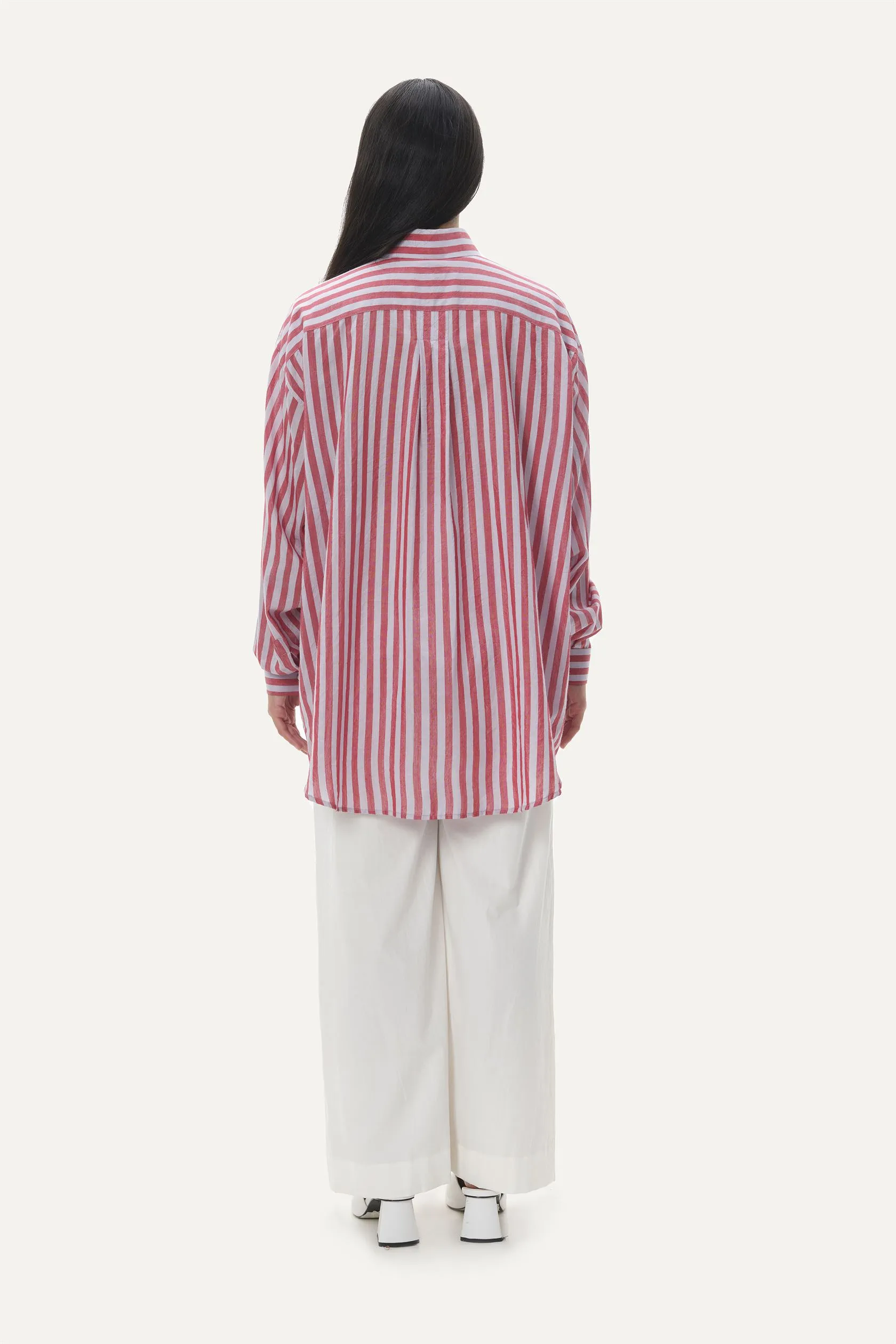 Naushad Ali   I   Boyfriend shirt Temple stripe Signature Spring Summer 2025 Lilac   coral red Handwoven Linen silk NA SS24 W13