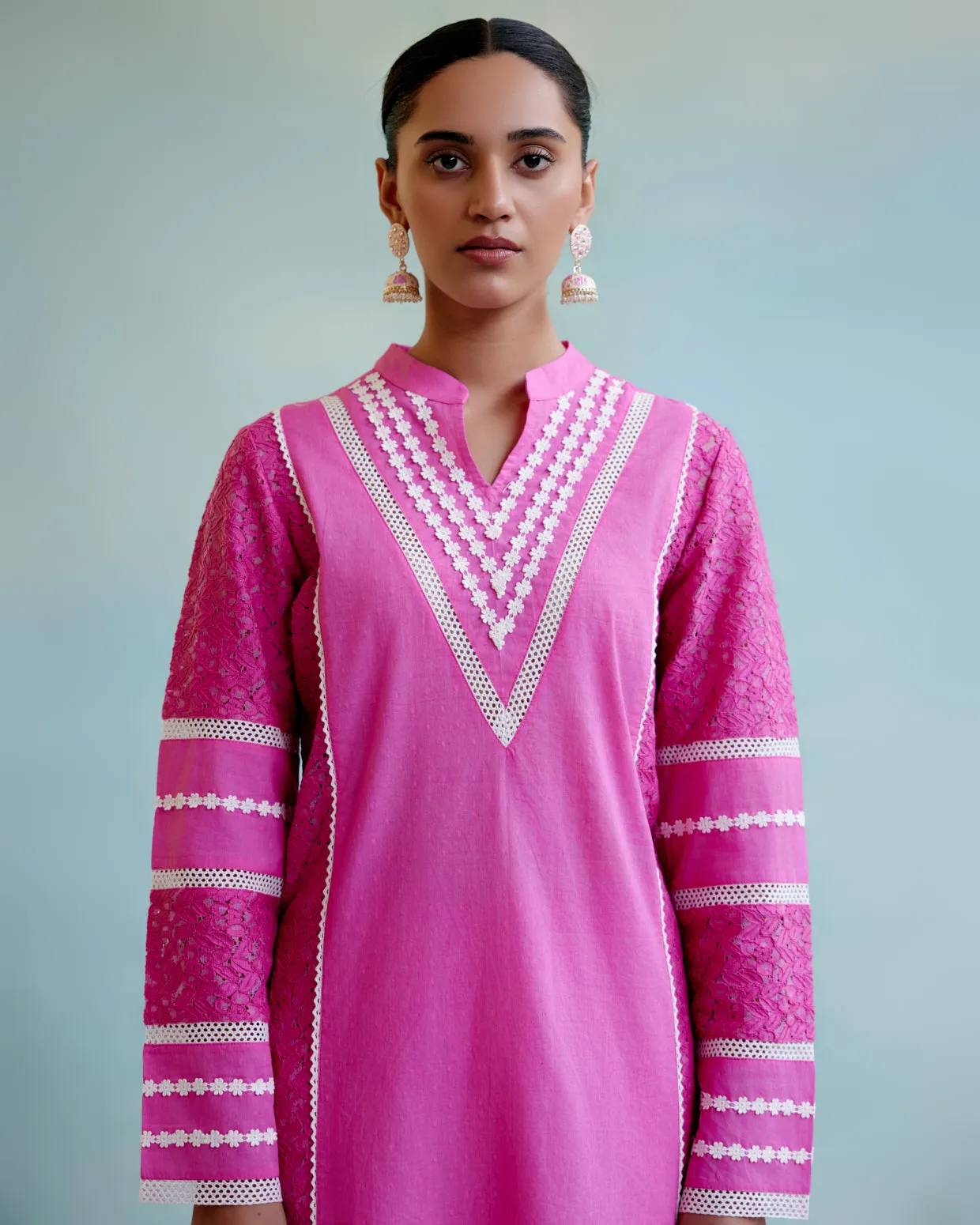 Neon Pink Kurta in Cotton Dobby and Schiffli fabric with Delicate Lace Detaling with Wide Leg Pants