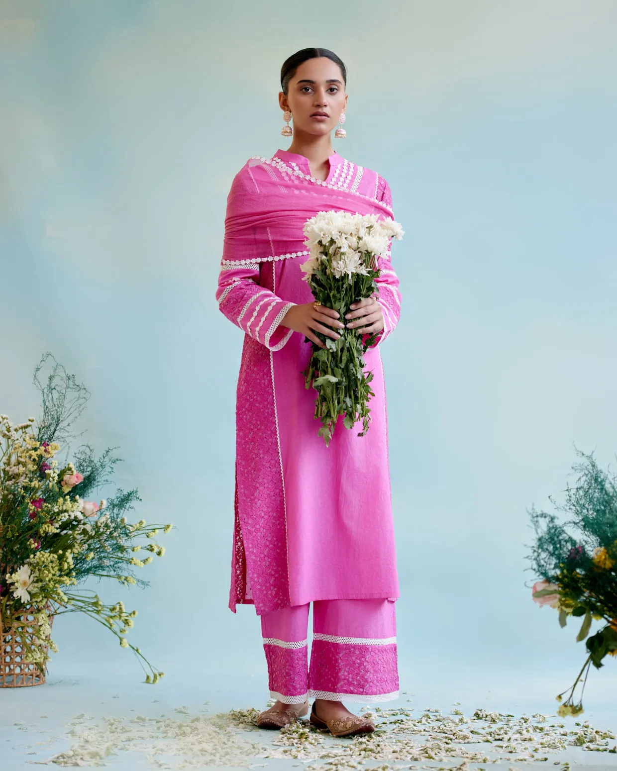 Neon Pink Kurta in Cotton Dobby and Schiffli fabric with Delicate Lace Detaling with Wide Leg Pants