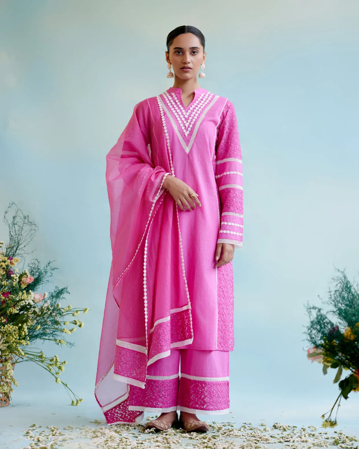 Neon Pink Kurta in Cotton Dobby and Schiffli fabric with Delicate Lace Detaling with Wide Leg Pants