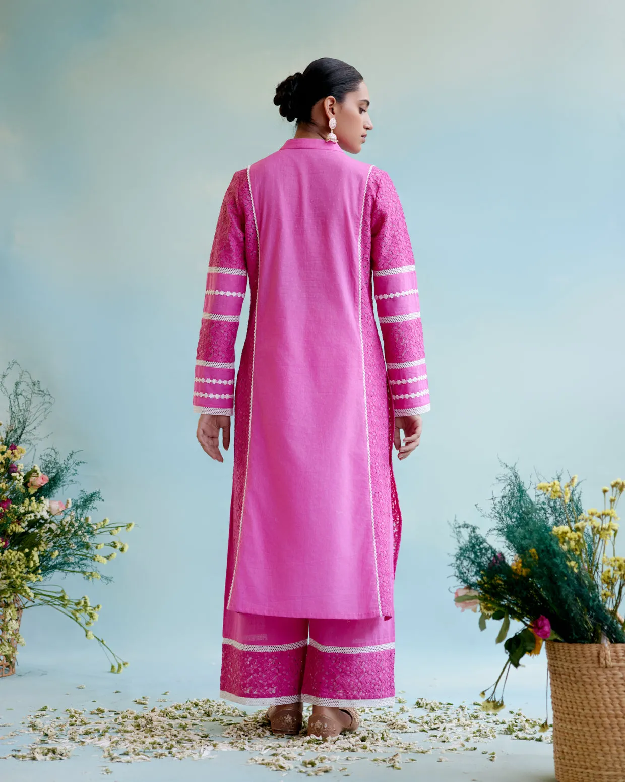 Neon Pink Kurta in Cotton Dobby and Schiffli fabric with Delicate Lace Detaling with Wide Leg Pants