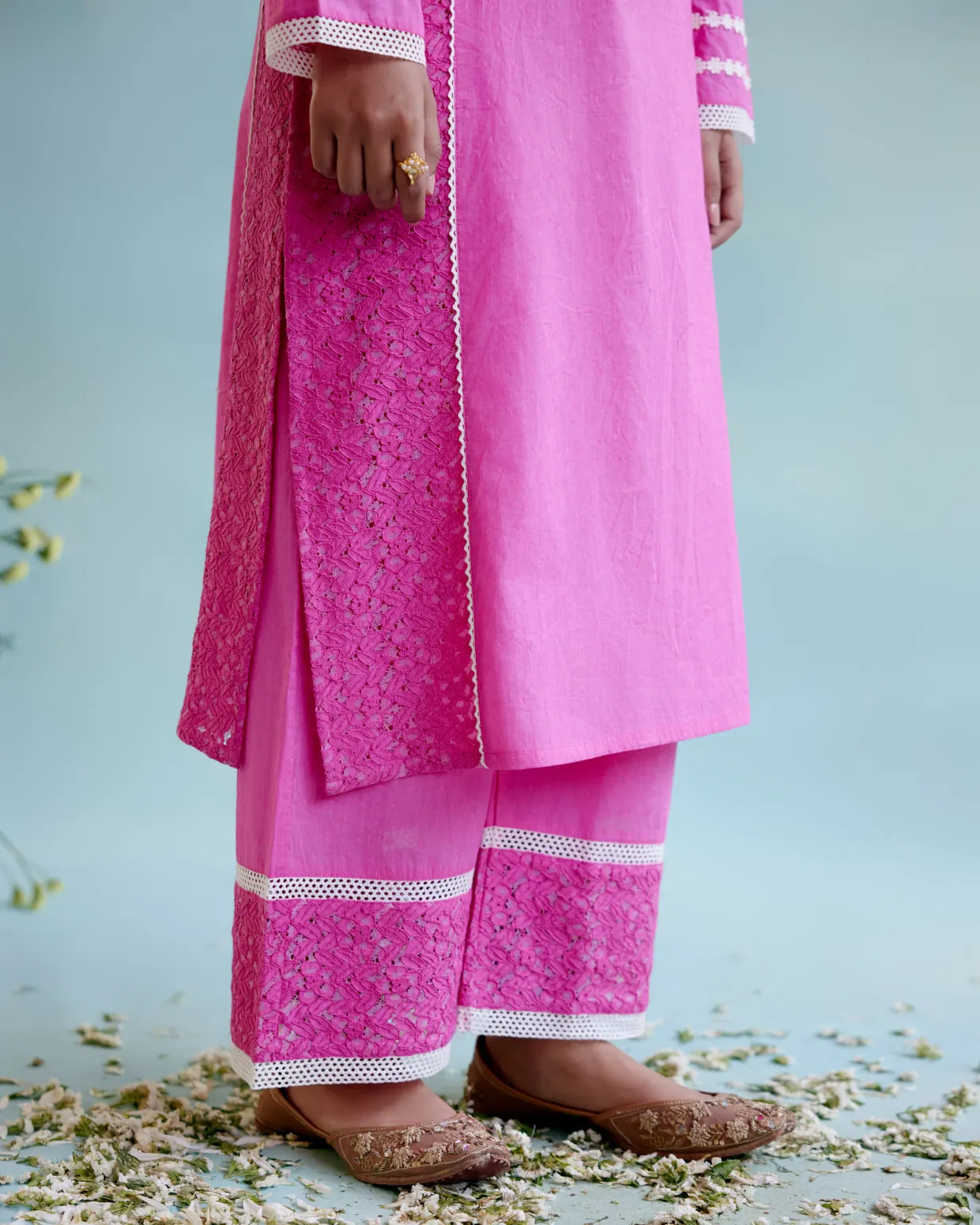 Neon Pink Kurta in Cotton Dobby and Schiffli fabric with Delicate Lace Detaling with Wide Leg Pants