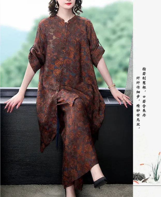 New Chinese Style Women's  Large Size Retro Printed Dress & Pants Set