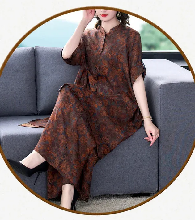New Chinese Style Women's  Large Size Retro Printed Dress & Pants Set