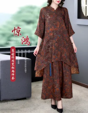 New Chinese Style Women's  Large Size Retro Printed Dress & Pants Set